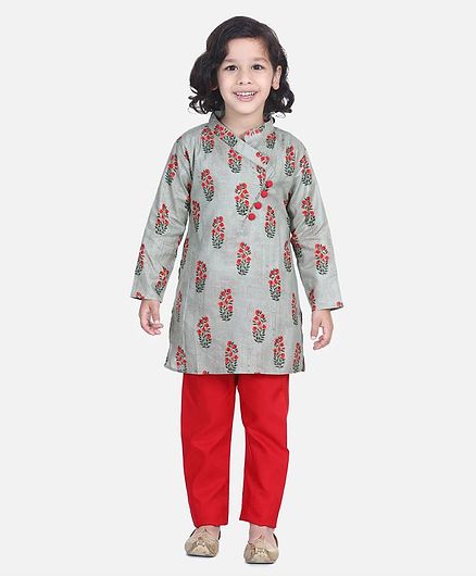 BownBee Floral Print Full Sleeves Kurta & Pajama - Grey