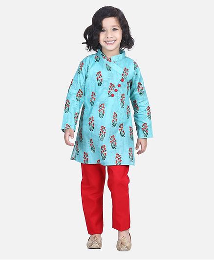 BownBee Floral Print Full Sleeves Kurta & Pajama - Green