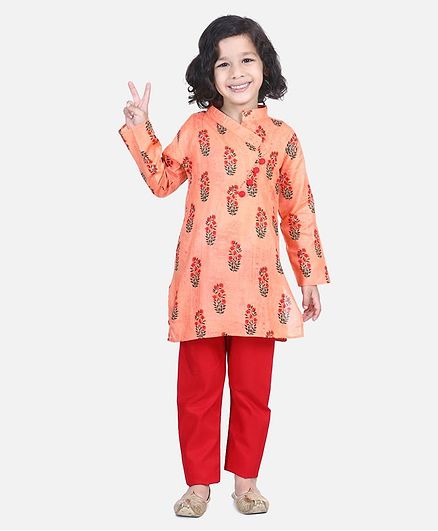 BownBee Floral Print Full Sleeves Kurta & Pajama - Peach