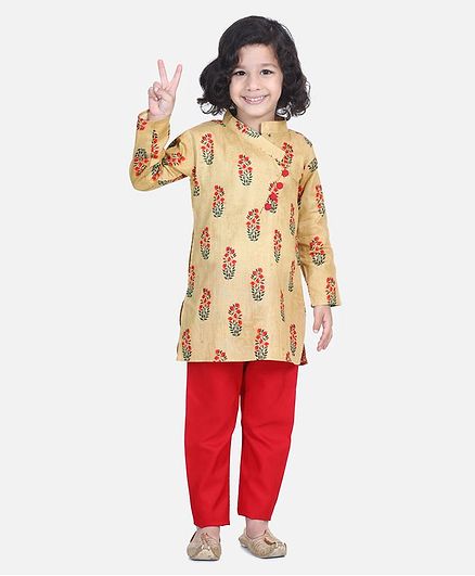 BownBee Floral Print Full Sleeves Kurta & Pajama - Yellow