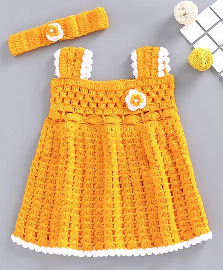 USHA ENTERPRISES Handmade Sleeveless Floral Work Dress With Headband - Yellow