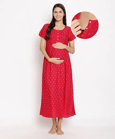 Bella Mama Half Sleeves Front Button Nursing Nighty - Pink
