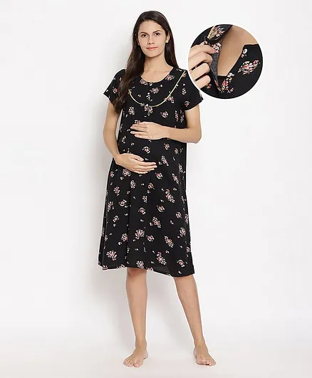Bella Mama Half Sleeves Maternity Nighty Floral Print - Black