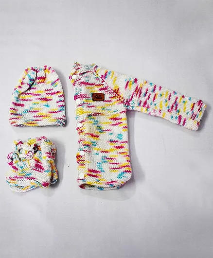 Theth Pahadi Full Sleeves Colourful Knit Detailing Sweater With Cap & Booties - Multi Colour
