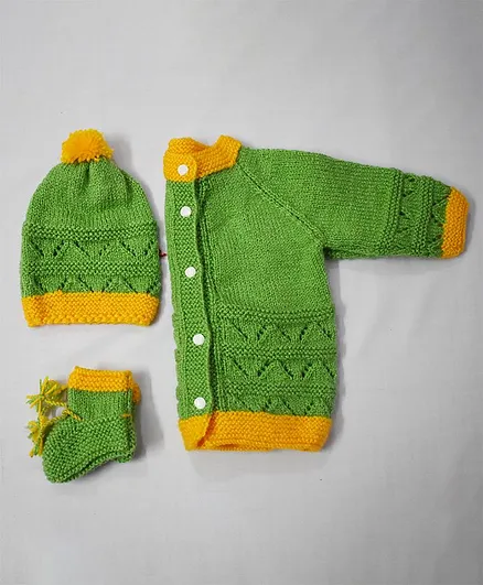 Theth Pahadi Full Sleeves Solid Colour Sweater With Cap & Booties - Green