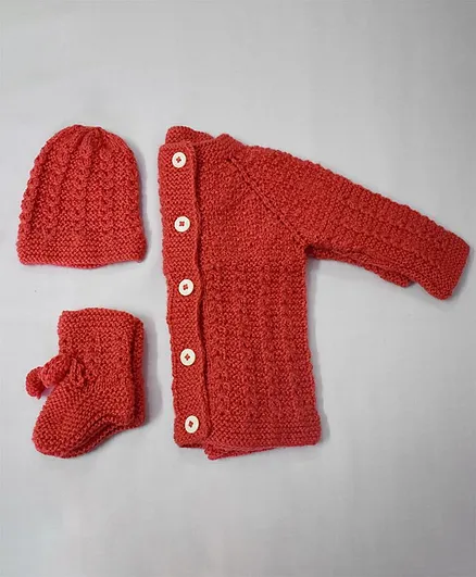 Theth Pahadi Full Sleeves Solid Colour Sweater With Cap & Booties - Red