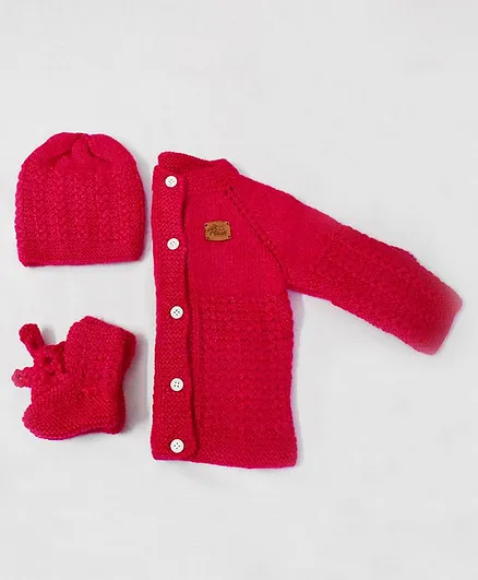 Theth Pahadi Full Sleeves Solid Colour Sweater With Cap & Booties - Dark Pink