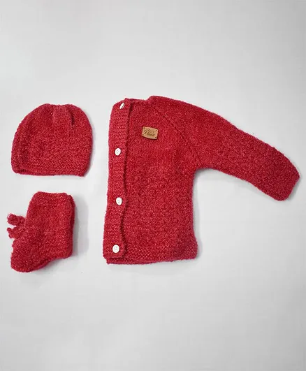 Theth Pahadi Full Sleeves Solid Colour Sweater With Cap & Booties - Maroon