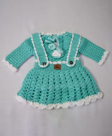 Theth Pahadi Full Sleeves Solid Colour Top With Suspender Skirt - Sea Green