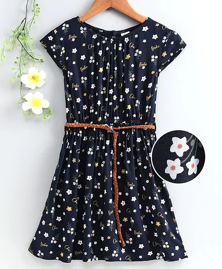 Spring Bunny Short Sleeves Flower Printed Dress - Navy Blue