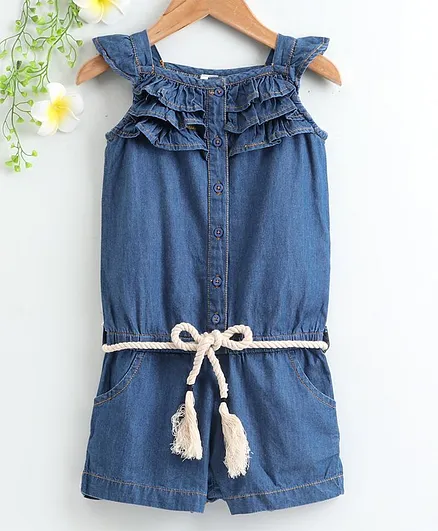 Spring Bunny Cap Sleeves Neck Ruffle Detailing Jumpsuit - Blue