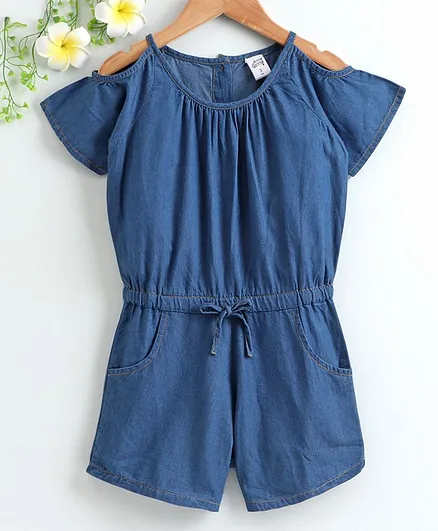 Spring Bunny Half Sleeves Solid Colour Cold Shoulder Jumpsuit - Blue