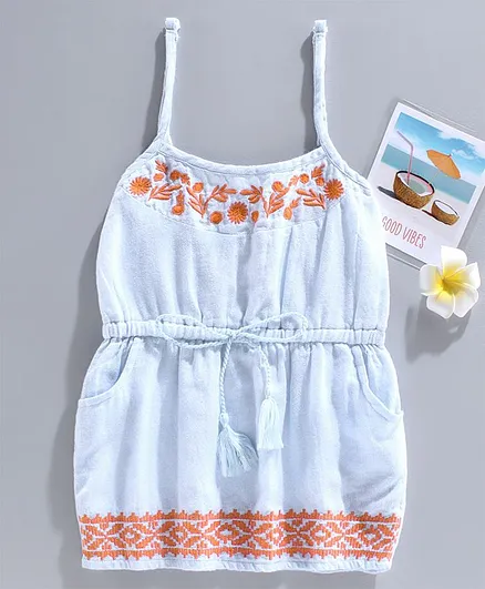 Spring Bunny Sleeveless Flower Embroidery Detailing Dress - Light Blue