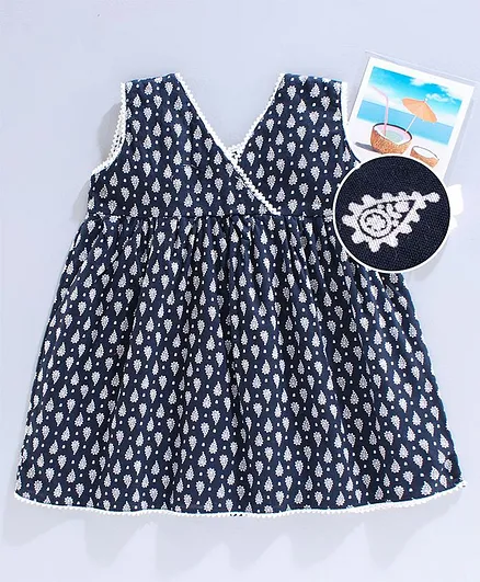 Spring Bunny Sleeveless Printed Flared Dress - Navy Blue