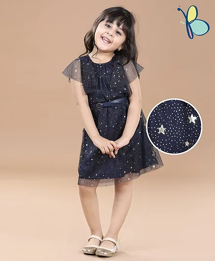 Hola Bonita Short Sleeves Mesh Party Wear Frock Glitter Print - Navy Blue