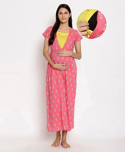 Bella Mama Half Sleeves Maternity Nighty Floral Print - Pink