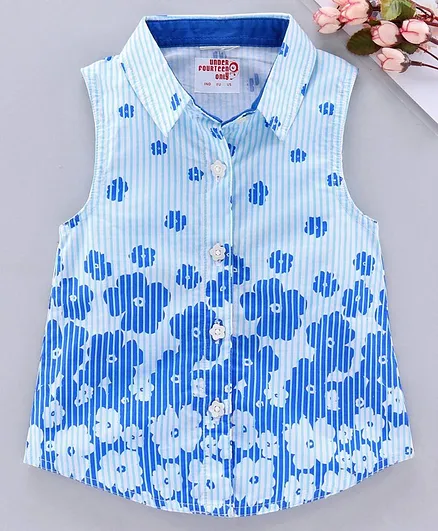 Under Fourteen Only Striped Sleeveless Flower Printed Top - Blue