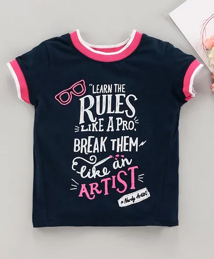 Under Fourteen Only Half Sleeves Learn The Rules Print T-Shirt - Navy Blue