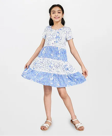 Global Desi Girl Leaves Print Half Sleeves Dress - Blue