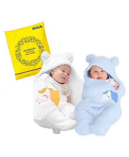 My NewBorn All Season Hooded Wearable Blanket Cum Sleeping Bag Unicorn Print Pack of 2 - Blue White