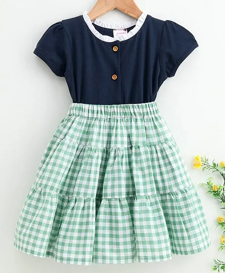 Rassha Short Sleeves Checked Flare Dress - Green
