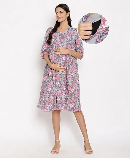 Bella Mama Three Fourth Sleeves Printed Dress with Mask - Grey
