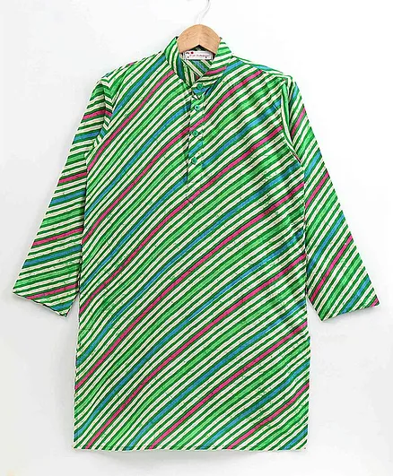 The Little Fashionistas Full Sleeves Traditional Leheriya Print Kurta - Green