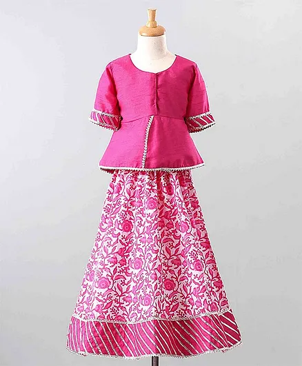 The Little Fashionistas Half Sleeves Peplum Top With Flared Motif Print Skirt - Pink