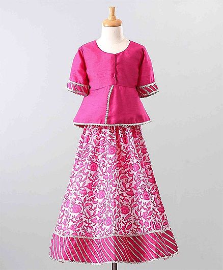 The Little Fashionistas Half Sleeves Peplum Top With Flared Motif Print Skirt - Pink