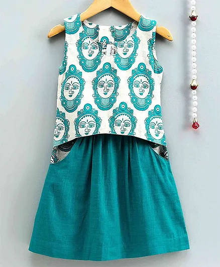 The Little Fashionistas Sleeveless Buddha Print Top With Skirt - Green