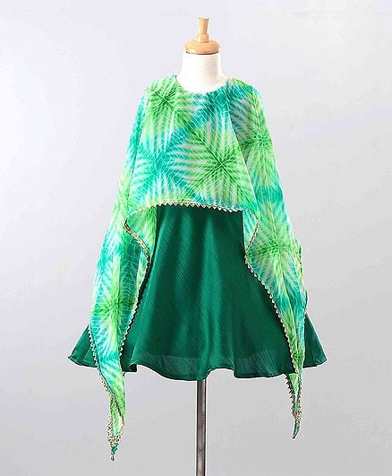 The Little Fashionistas Full Sleeves Tie Dye Pattern Drape Attached Dress - Green