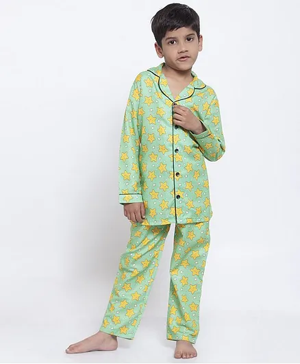 Maxence Full Sleeves Stars Printed Night Suit - Light Green