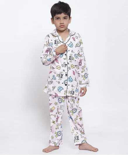 Maxence Full Sleeves Rainbow Printed Night Suit - Light Pink