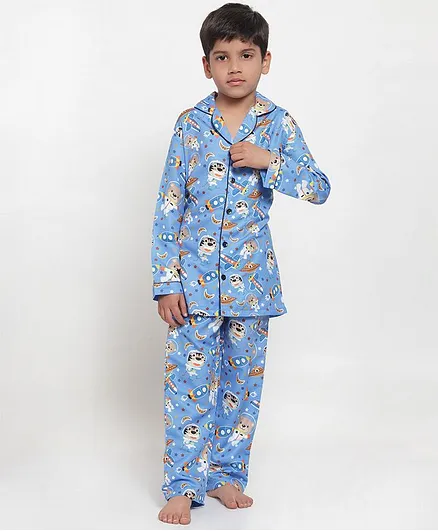 Maxence Full Sleeves Dog Printed Night Suit - Blue