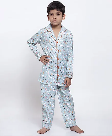 Maxence Full Sleeves Tea Cup Printed Night Suit - Blue