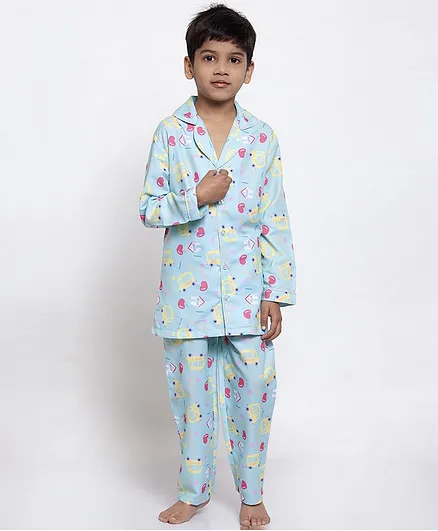 Maxence Full Sleeves All Over Heart Printed Night Suit - Light Blue