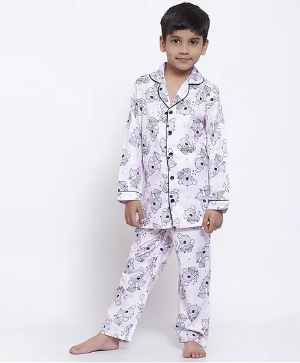 Maxence Full Sleeves Koala Bear Printed Night Suit - White
