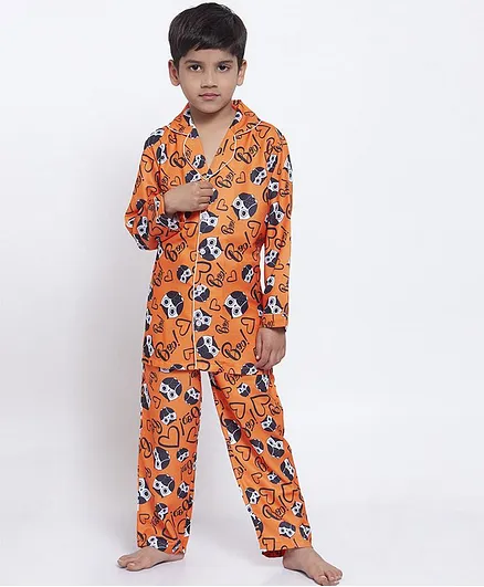 Maxence Full Sleeves All Over Cartoon Printed Night Suit - Orange