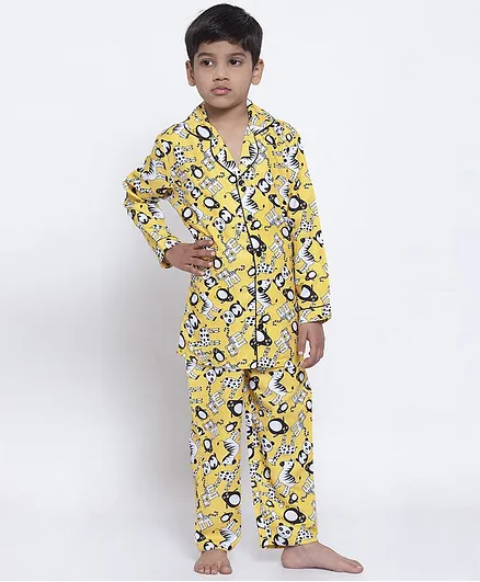 Maxence Full Sleeves Animals Printed Night Suit - Yellow