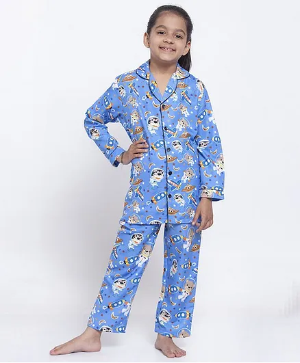 Maxence Full Sleeves Bear Printed Night Suit - Blue
