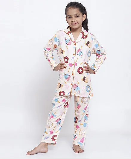 Maxence Full Sleeves Cupcake Printed Night Suit - Off White