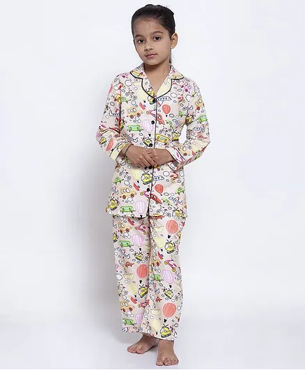 Maxence Full Sleeves Balloon Printed Night Suit - Cream