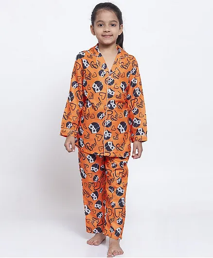 Maxence Full Sleeves Owl Printed Night Suit - Orange