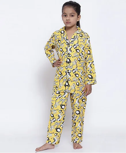 Maxence Full Sleeves Animal Printed Night Suit - Yellow