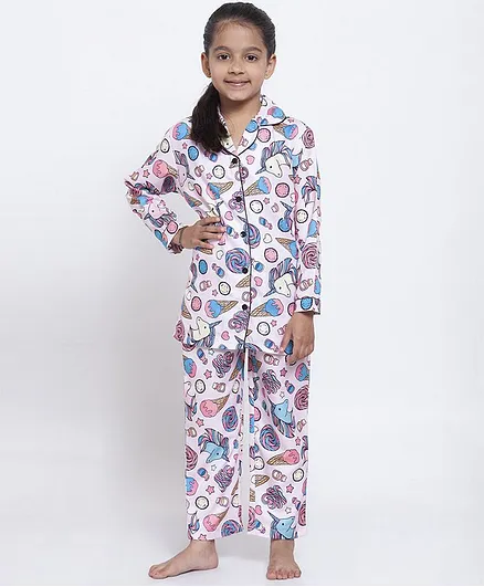Maxence Full Sleeves Unicorn Printed Night Suit - Pink