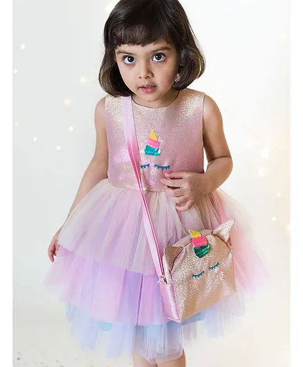 A Little Fable Sleeveless Layered Unicorn Patch Dress - Pink