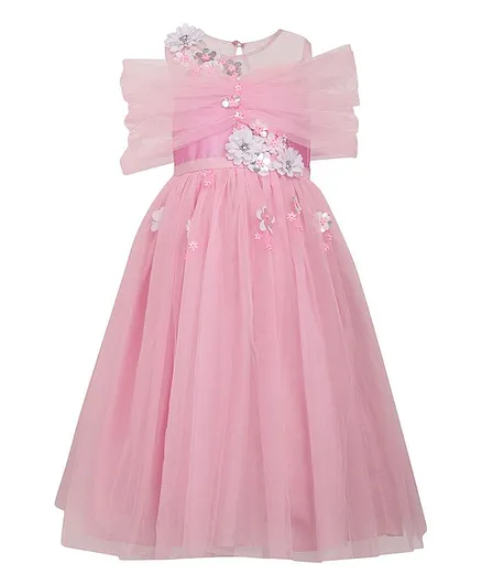 A Little Fable Cap Sleeves Flower Embellished Dress - Pink