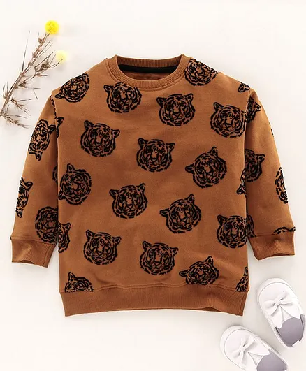 Ventra Full Sleeves Tiger Print Detailing Sweatshirt - Brown