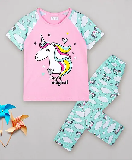 Sheer Love Half Sleeves Unicorn Print Night Suit - Multi