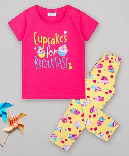 Sheer Love Half Sleeves Cupcakes For Breakfast Print Night Suit - Pink